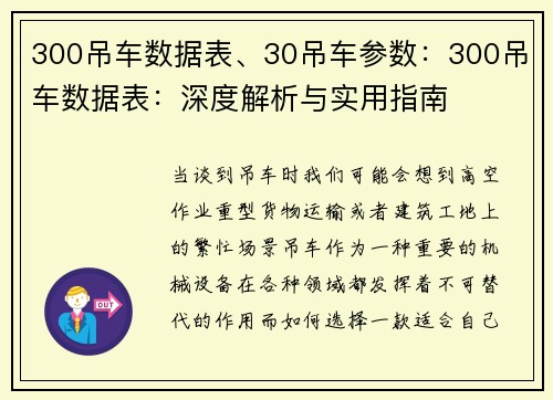 300吊车数据表、30吊车参数：300吊车数据表：深度解析与实用指南