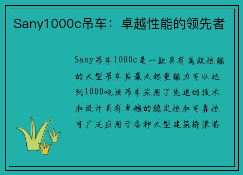 Sany1000c吊车：卓越性能的领先者