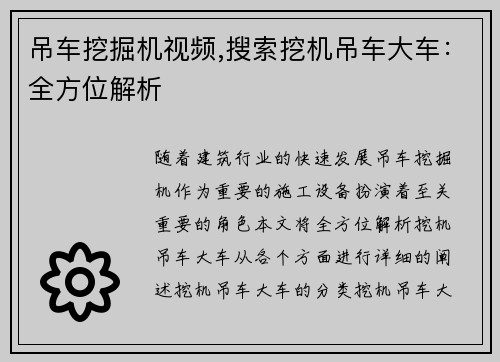 吊车挖掘机视频,搜索挖机吊车大车：全方位解析