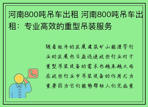 河南800吨吊车出租 河南800吨吊车出租：专业高效的重型吊装服务