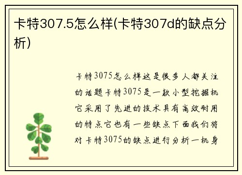 卡特307.5怎么样(卡特307d的缺点分析)