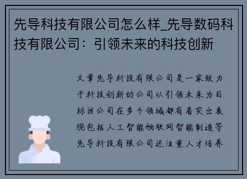 先导科技有限公司怎么样_先导数码科技有限公司：引领未来的科技创新